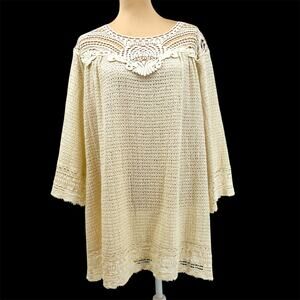 CONTRAST Cream Color Loose Weave Lace Edged Pullover Tunic Top 1X